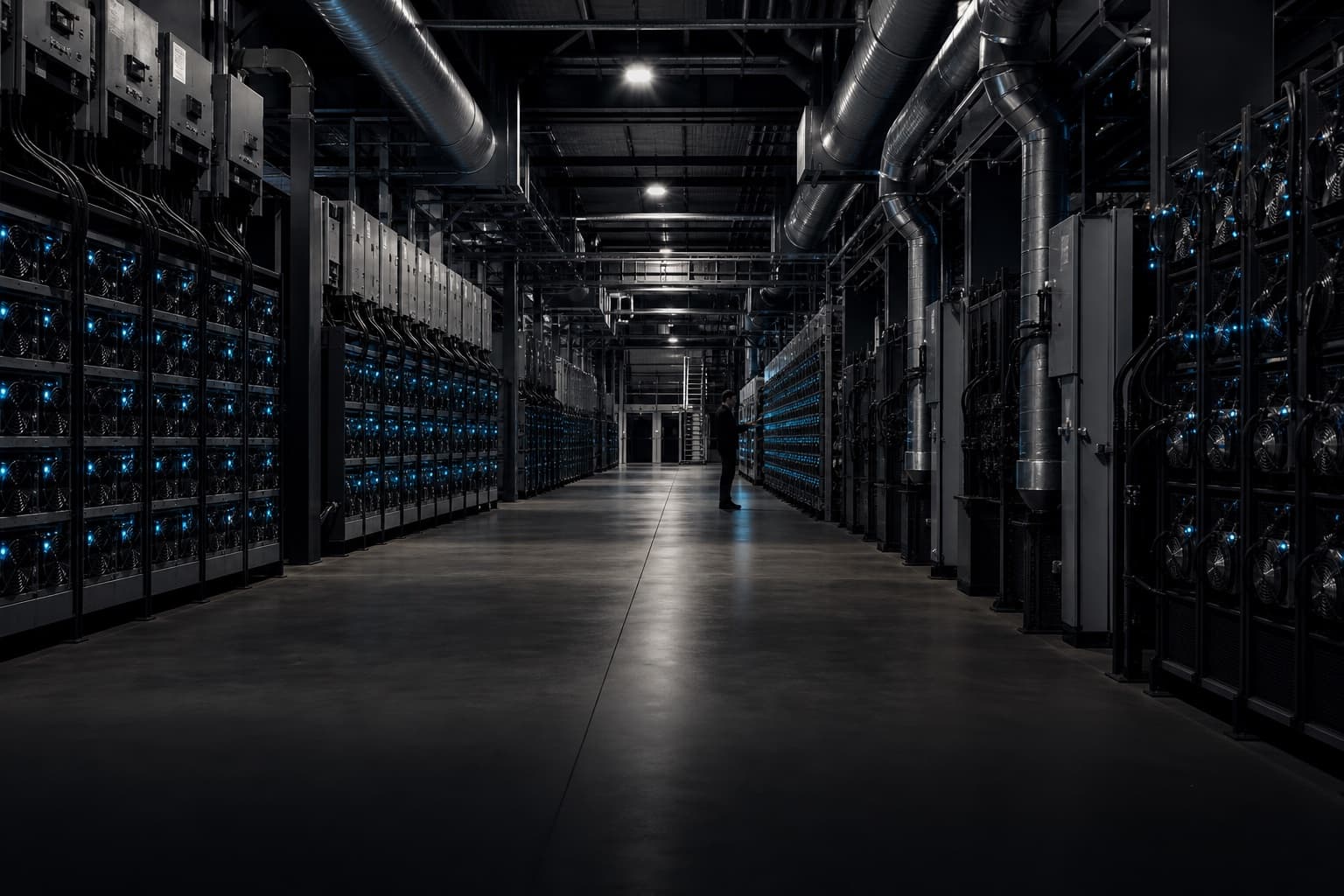 Professionally managed Bitcoin mining facility with orderly equipment rows