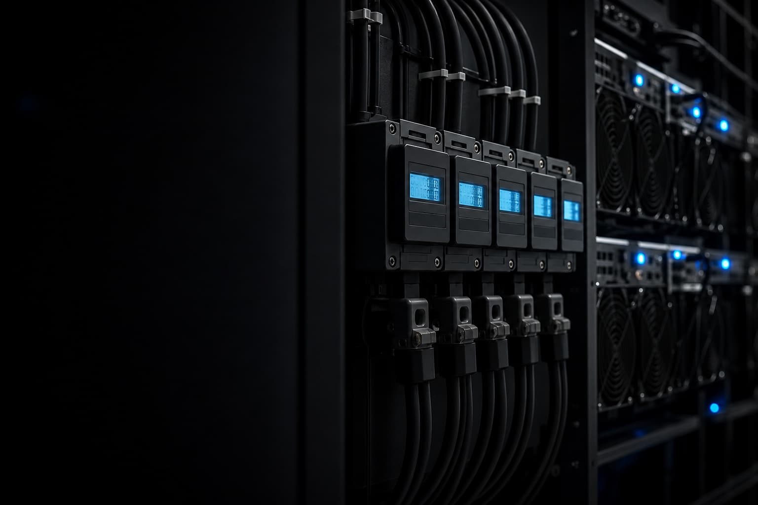 Power meters and cabling beside professionally hosted mining hardware
