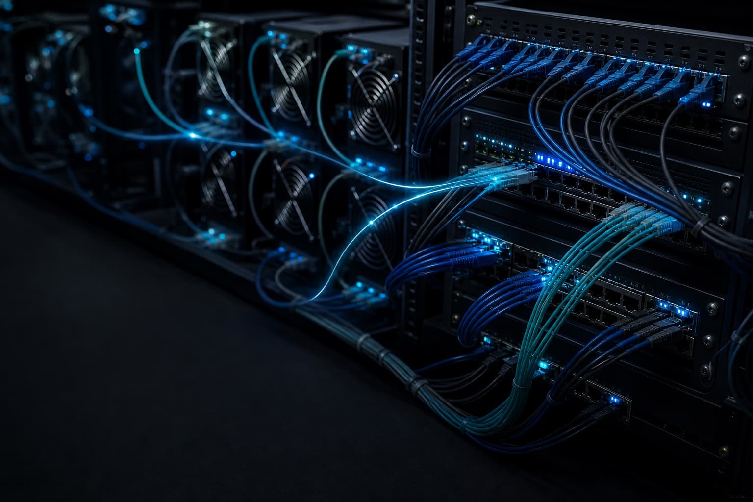 Network infrastructure connecting rows of hosted mining machines