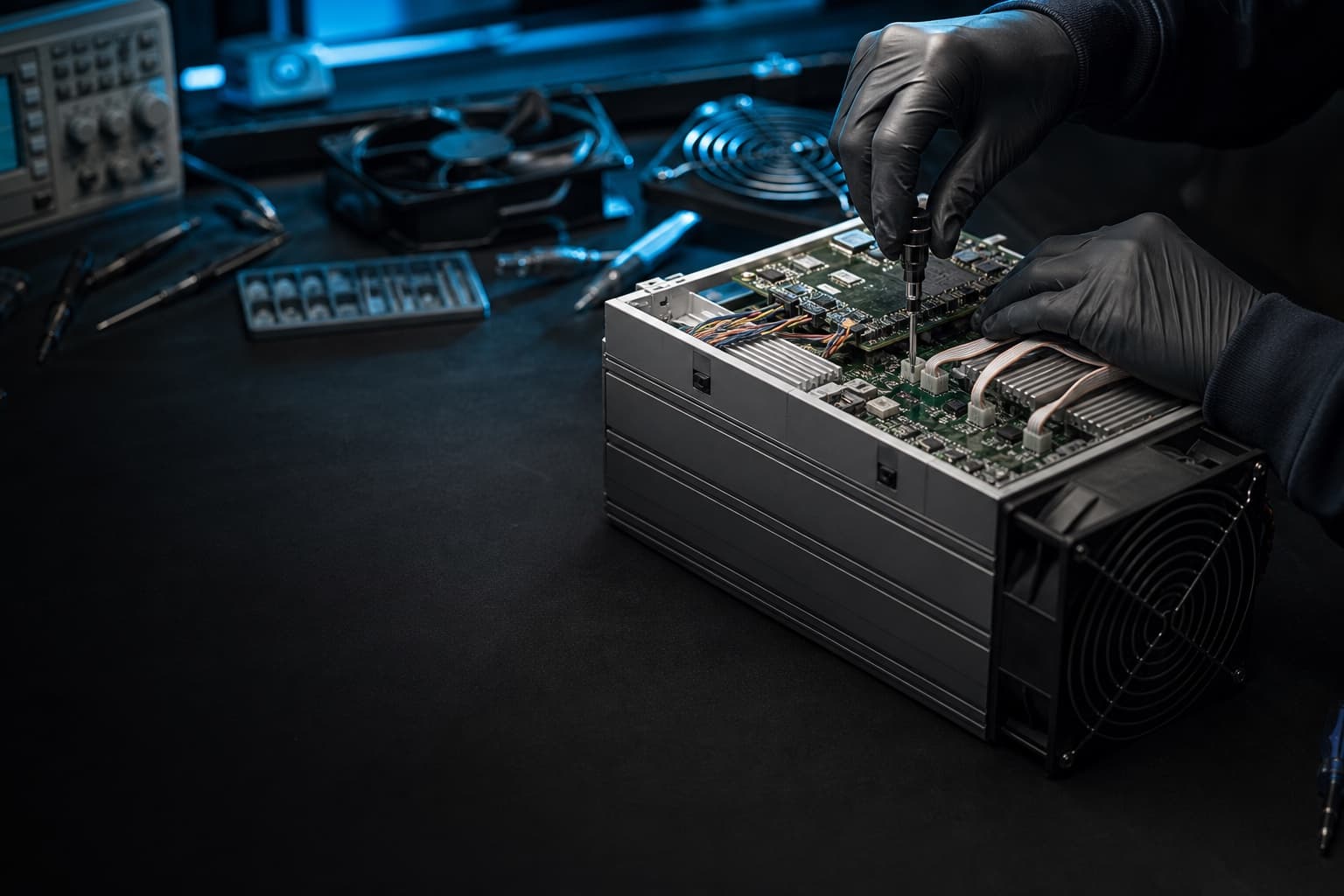 Technician repairing an ASIC miner at an electronics workbench