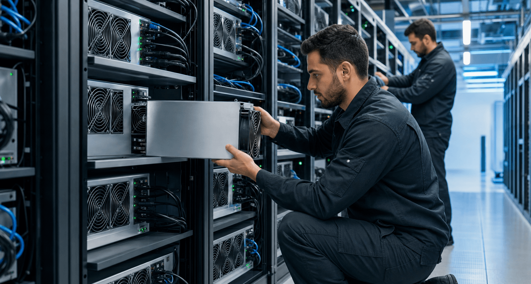 Technicians installing ASIC miners in a professional hosting facility